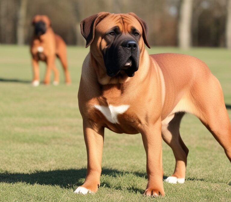 Large Dogue de Bordeaux lying down showing muscular build and wrinkled face