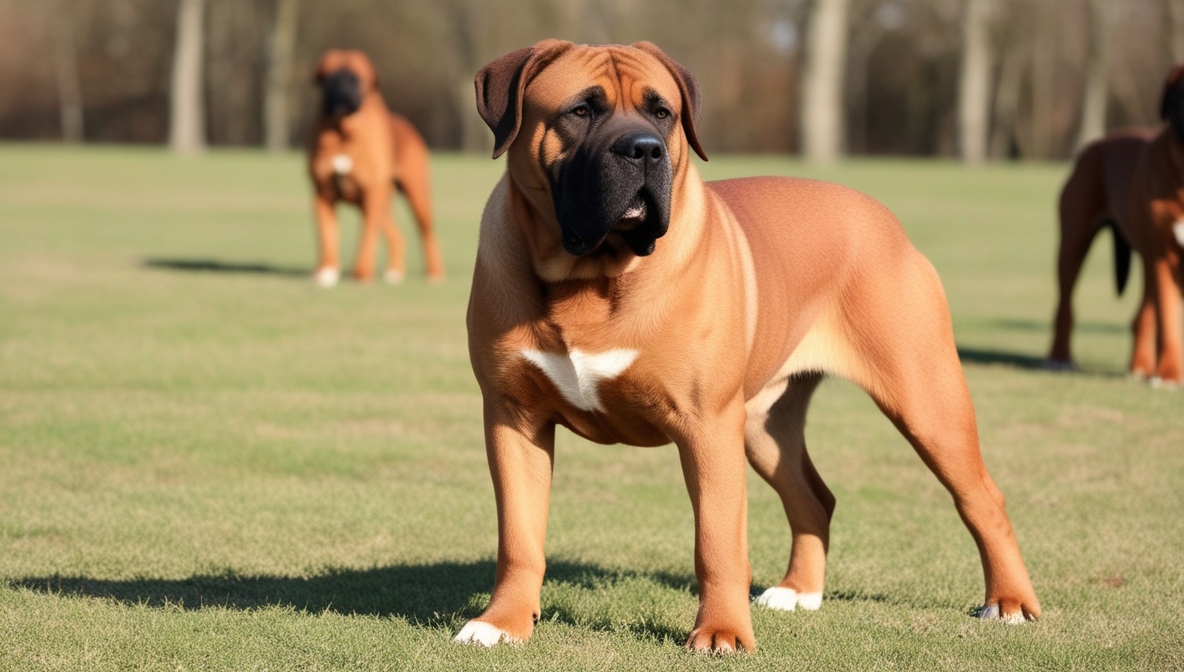 Large Dogue de Bordeaux lying down showing muscular build and wrinkled face