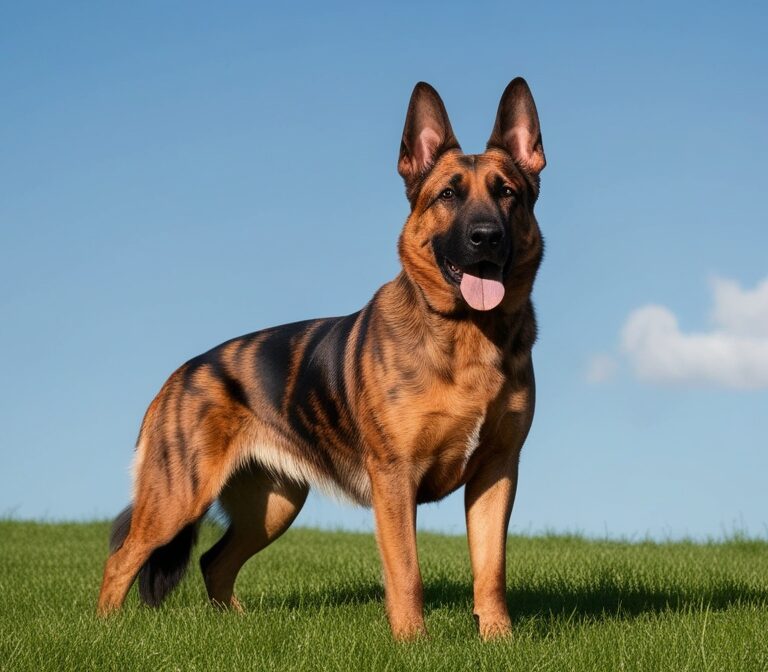 Dutch Shepherd dog standing alert with brindle coat outdoors