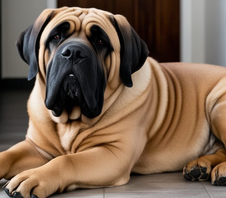 English Mastiff dog lying on the floor showing its large size and calm temperament
