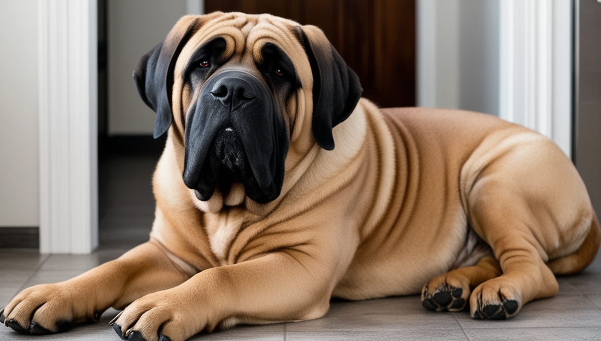 English Mastiff dog lying on the floor showing its large size and calm temperament