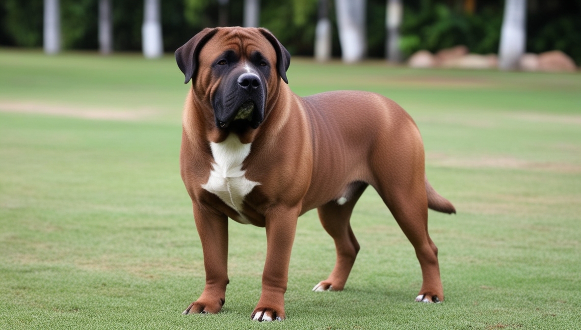 Fila Brasileiro dog standing in a garden showing muscular body and brindle coat