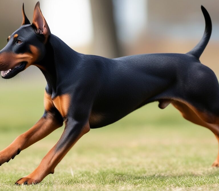 German Pinscher standing alert in a grassy field, showcasing its sleek coat and athletic build