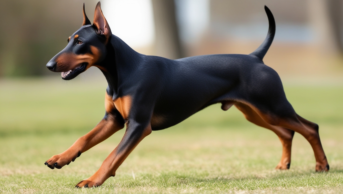 German Pinscher standing alert in a grassy field, showcasing its sleek coat and athletic build