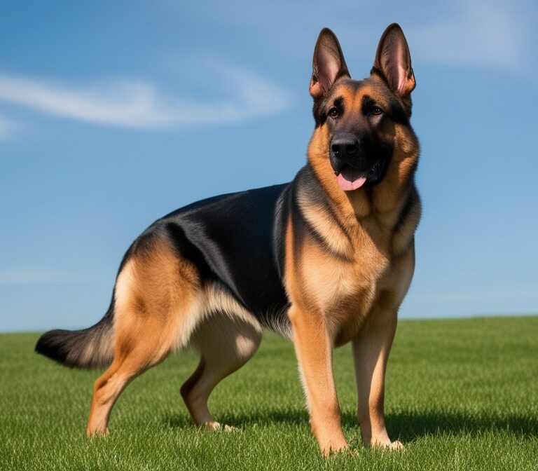 German Shepherd dog standing alert outdoors with black and tan coat