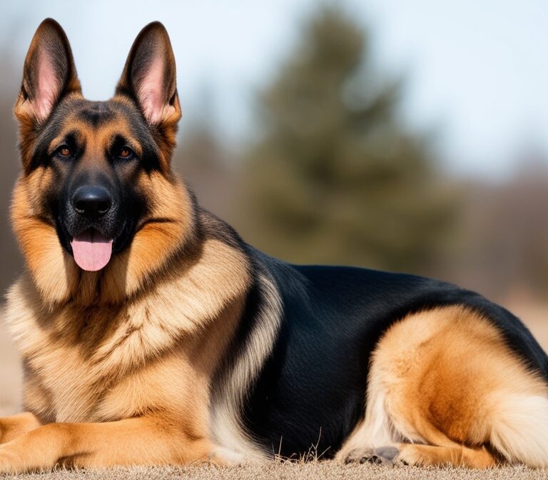 German Shepherd Dog standing alert in a field showcasing strength and intelligence