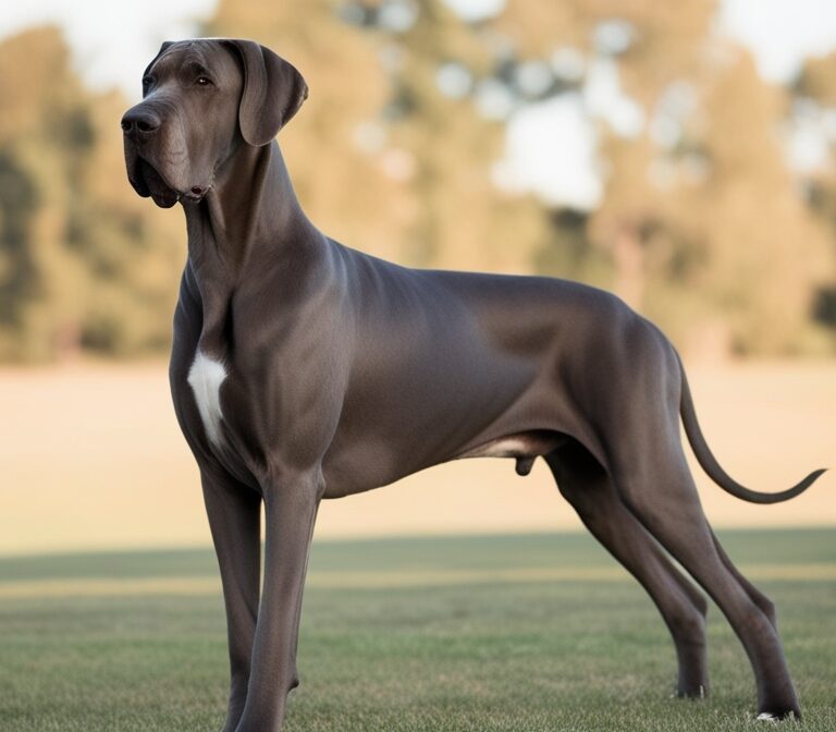 Great Dane standing tall outdoors, showcasing its large size, elegant build, and gentle temperament