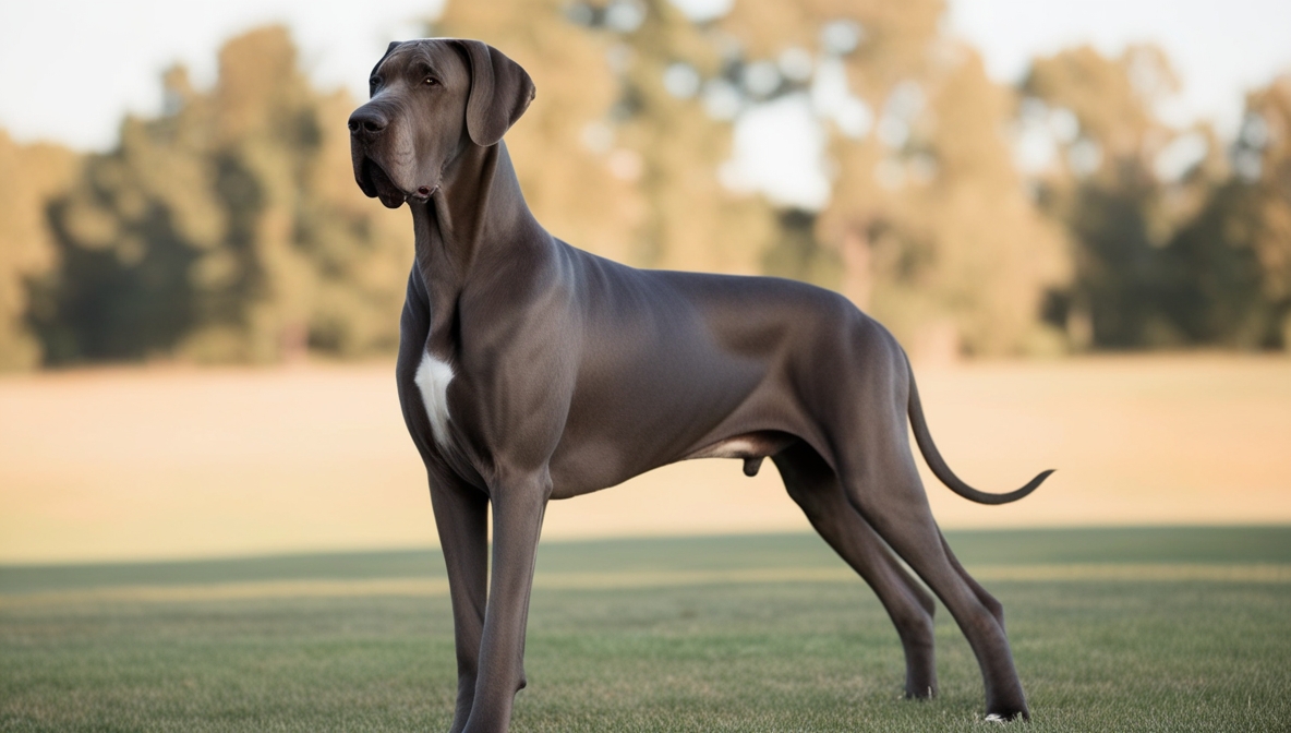 Great Dane standing tall outdoors, showcasing its large size, elegant build, and gentle temperament