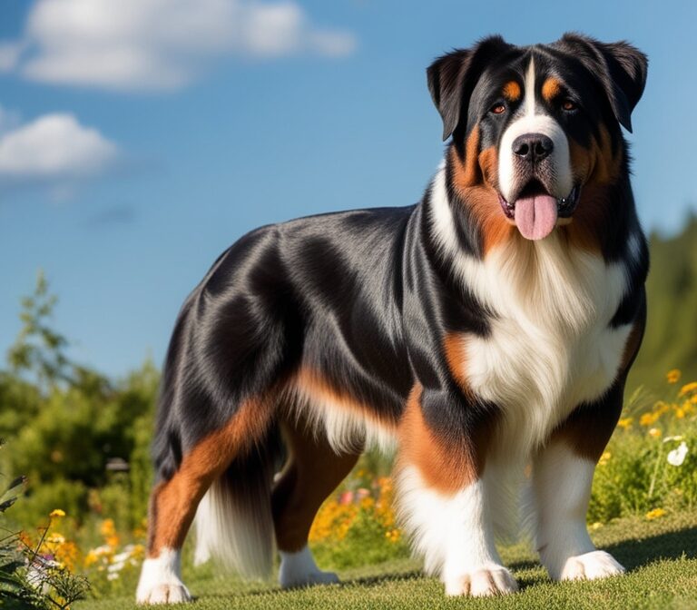 Greater Swiss Mountain Dog standing outdoors with a tricolor coat, representing the gentle giant of the canine world.
