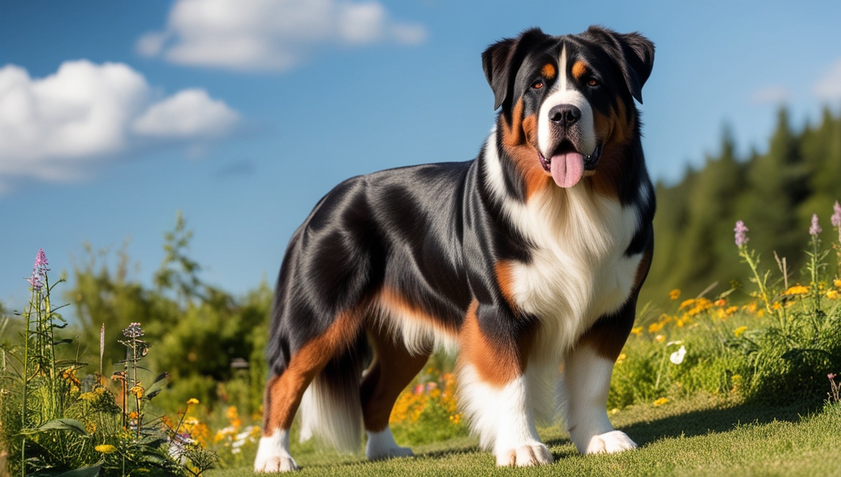Greater Swiss Mountain Dog standing outdoors with a tricolor coat, representing the gentle giant of the canine world.