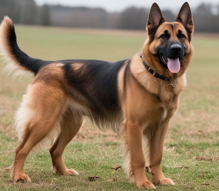 Hovawart dog with long wavy coat standing outdoors, a loyal guardian breed from Germany.