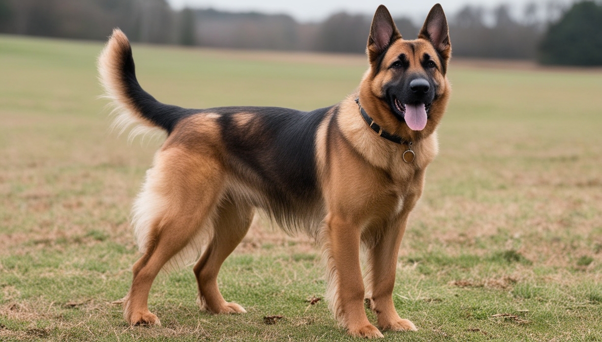 Hovawart dog with long wavy coat standing outdoors, a loyal guardian breed from Germany.