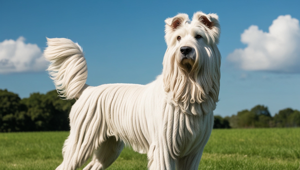 Komondor dog with long white corded coat standing outdoors