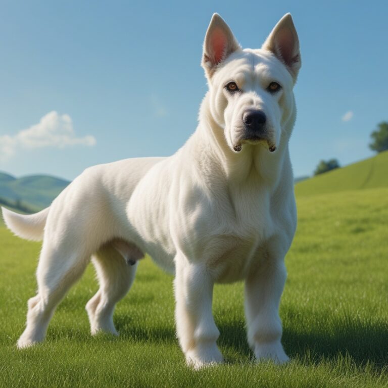 Kuvasz dog with thick white coat standing in a field