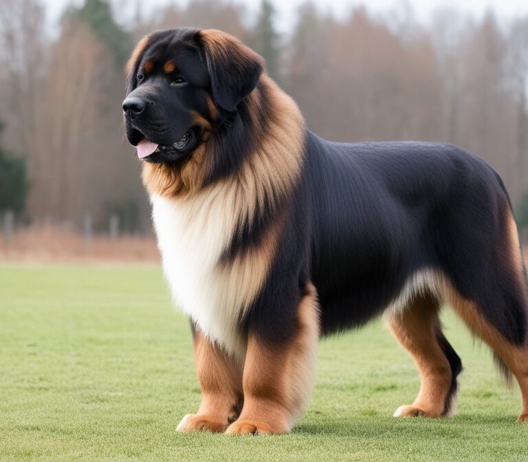 Leonberger dog lying on grass with lion-like mane, large working breed from Germany