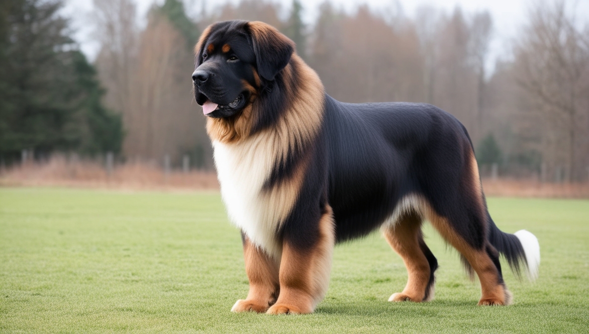 Leonberger dog lying on grass with lion-like mane, large working breed from Germany