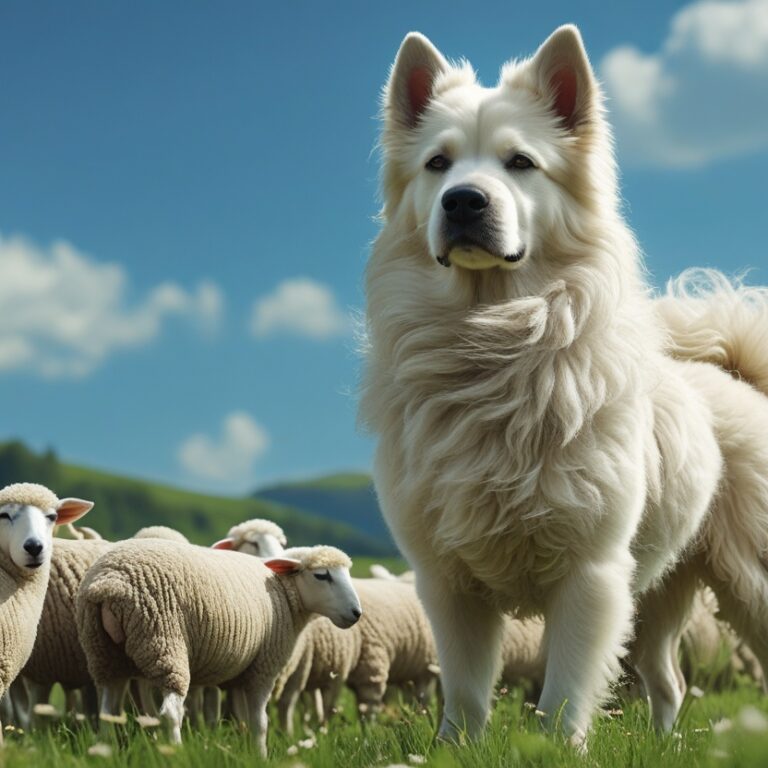White Maremma Sheepdog standing in a field watching over sheep