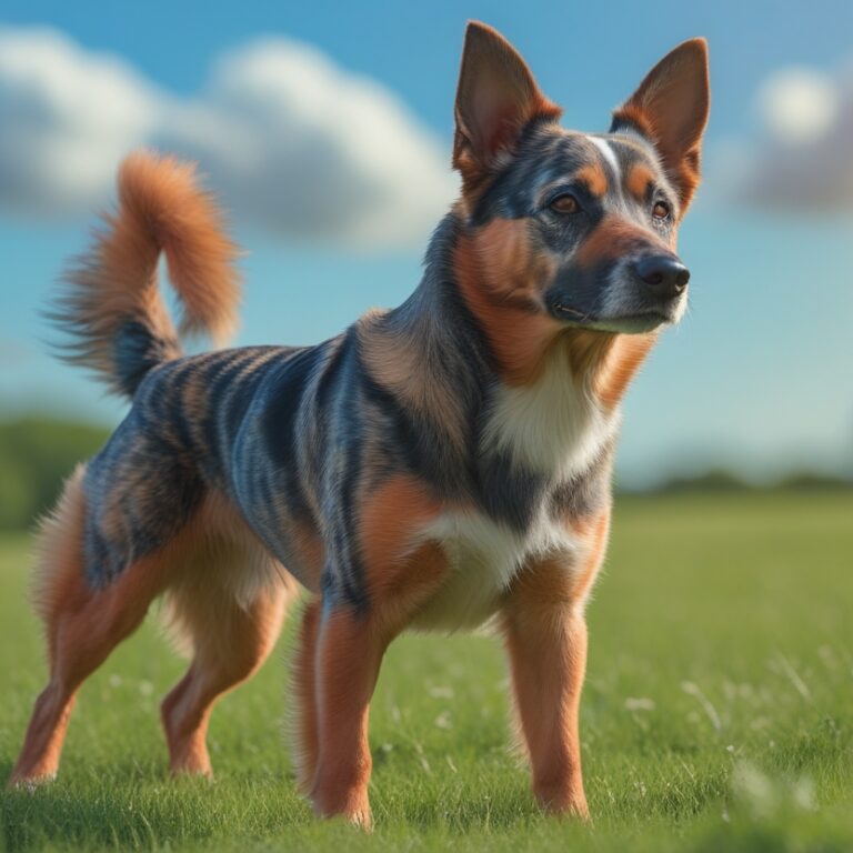 A Miniature American Shepherd standing in a grassy field with a bright blue sky