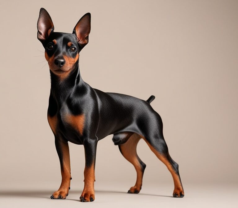 Miniature Pinscher dog standing alert with sleek black and tan coat