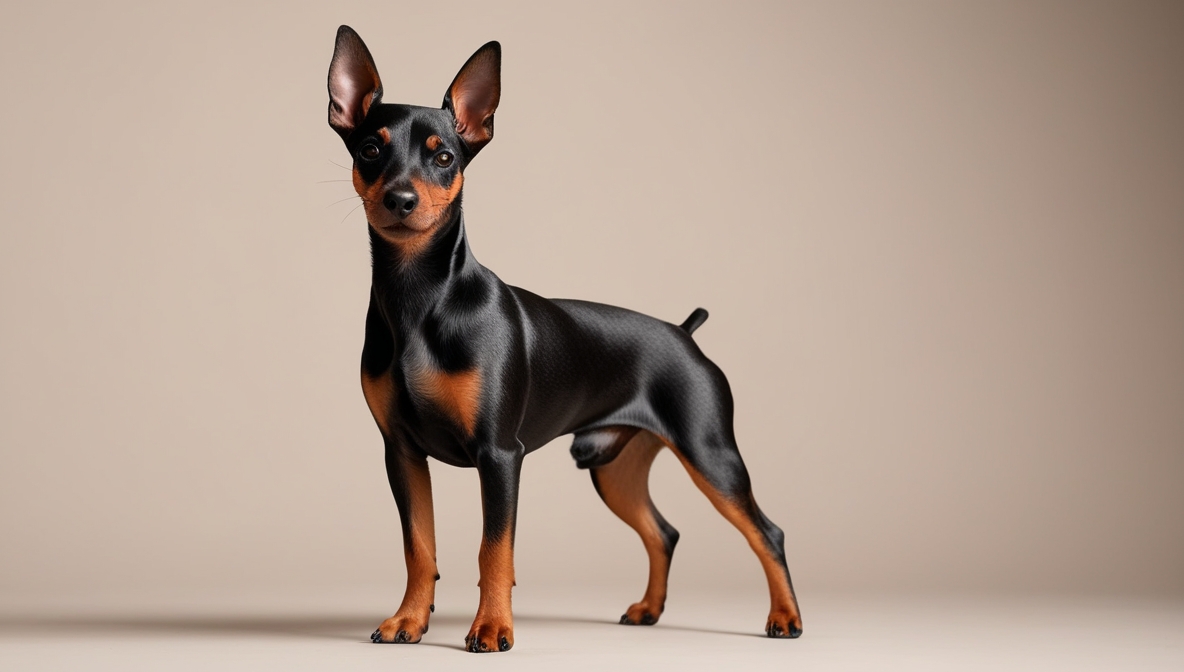 Miniature Pinscher dog standing alert with sleek black and tan coat