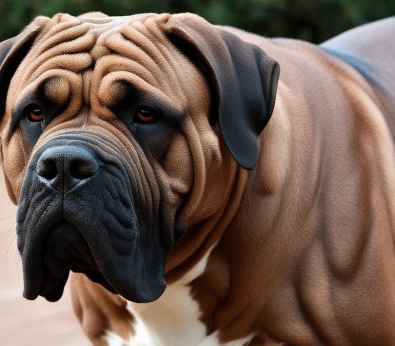 Neapolitan Mastiff with wrinkled skin and muscular build sitting outdoors