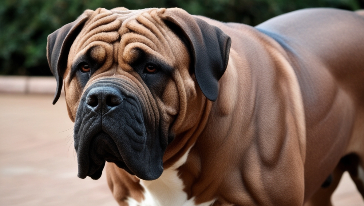 Neapolitan Mastiff with wrinkled skin and muscular build sitting outdoors