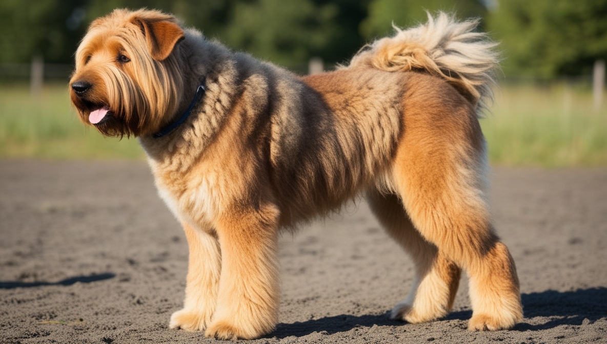 Polish Lowland Sheepdog standing in a field with long shaggy coat, traditional herding dog from Poland
