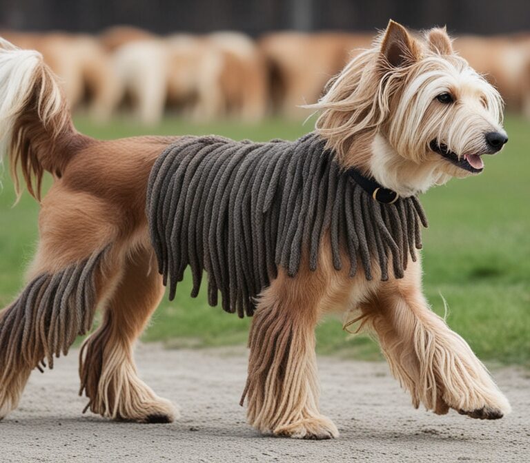 Hungarian Puli dog with black corded coat standing outdoors