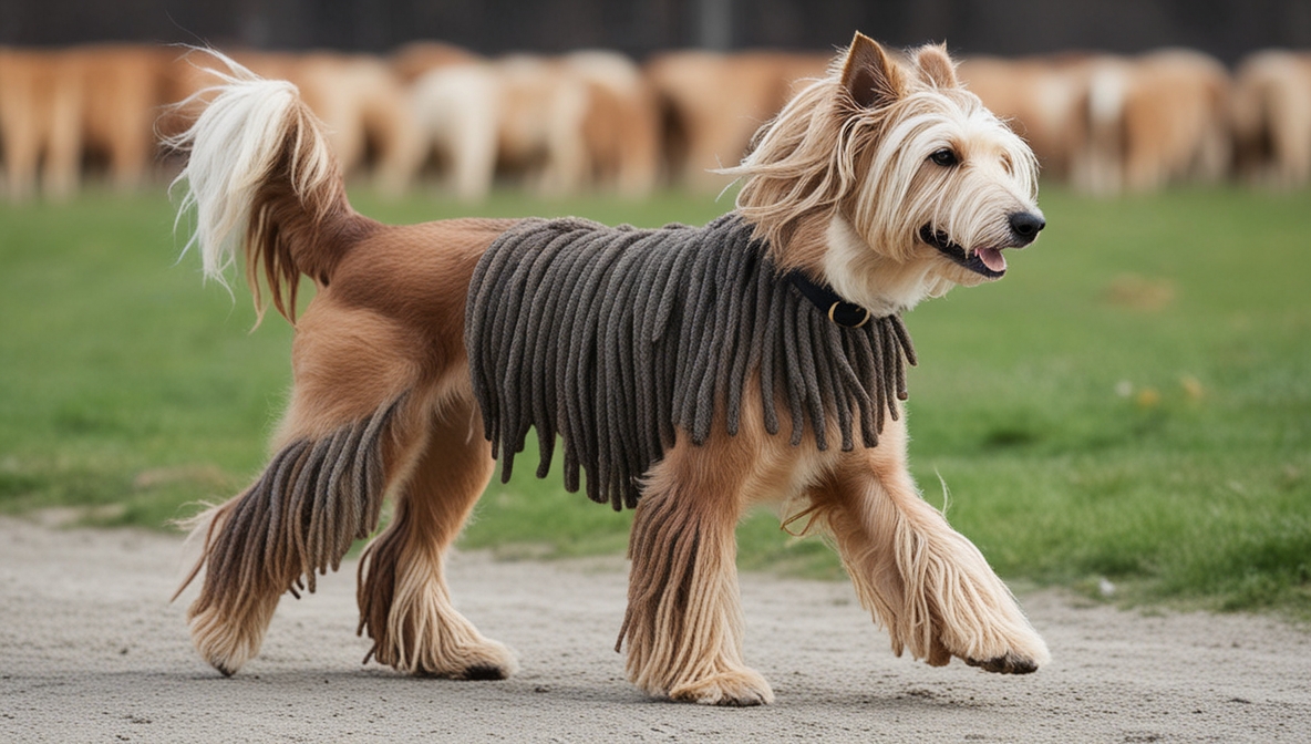 Hungarian Puli dog with black corded coat standing outdoors
