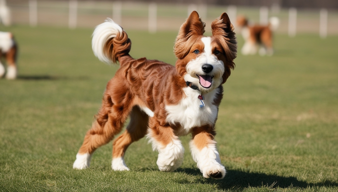 Pumi dog standing alert in a field with curly corkscrew coat and erect ears