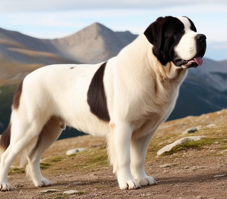 Pyrenean Mastiff standing in the mountains with its thick white coat and dark mask