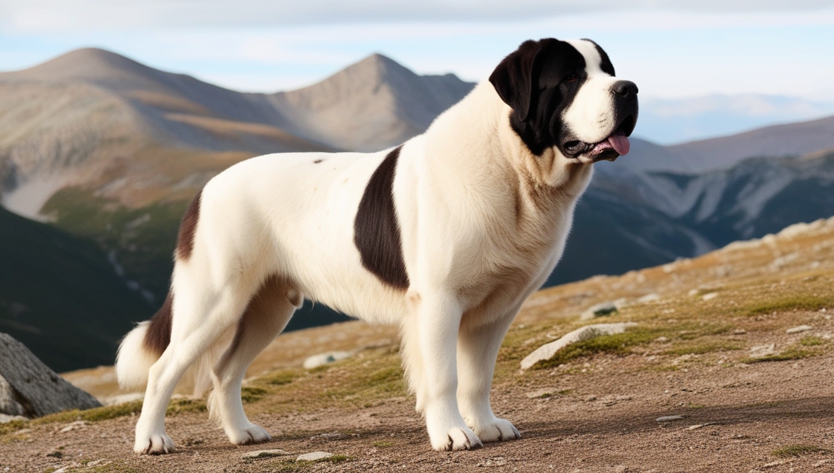 Pyrenean Mastiff standing in the mountains with its thick white coat and dark mask