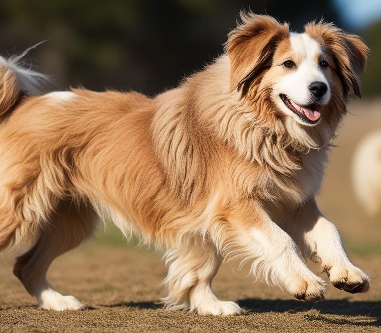 Pyrenean Sheepdog standing on grass with a shaggy coat and alert expression