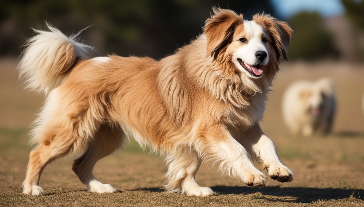 Pyrenean Sheepdog standing on grass with a shaggy coat and alert expression
