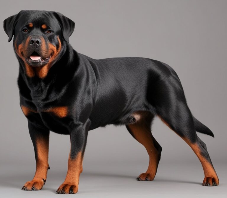 Black and tan Rottweiler sitting on grass showing muscular build and loyal temperament