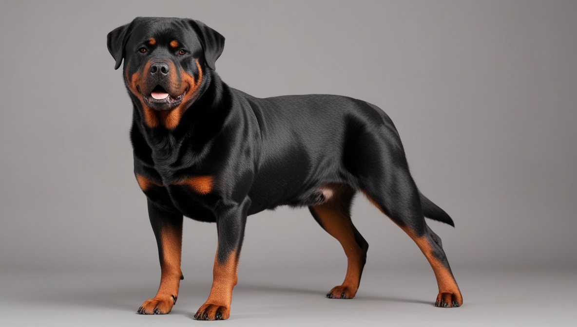 Black and tan Rottweiler sitting on grass showing muscular build and loyal temperament