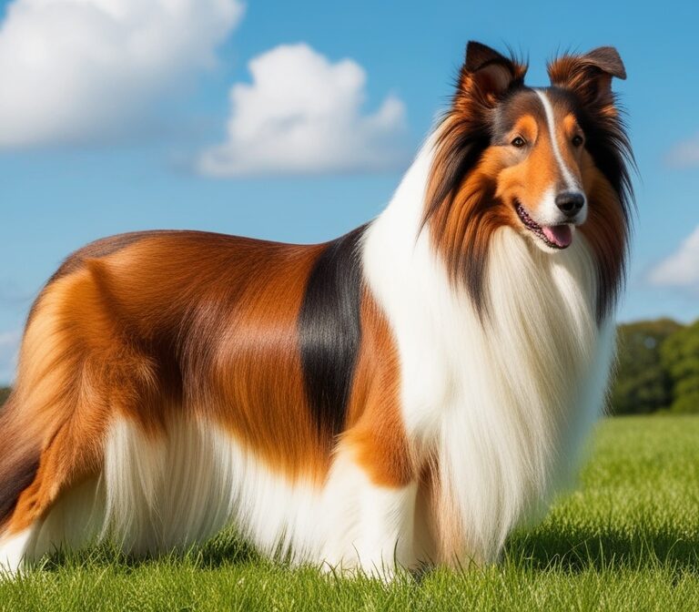 Rough Collie standing in a grassy field with flowing coat