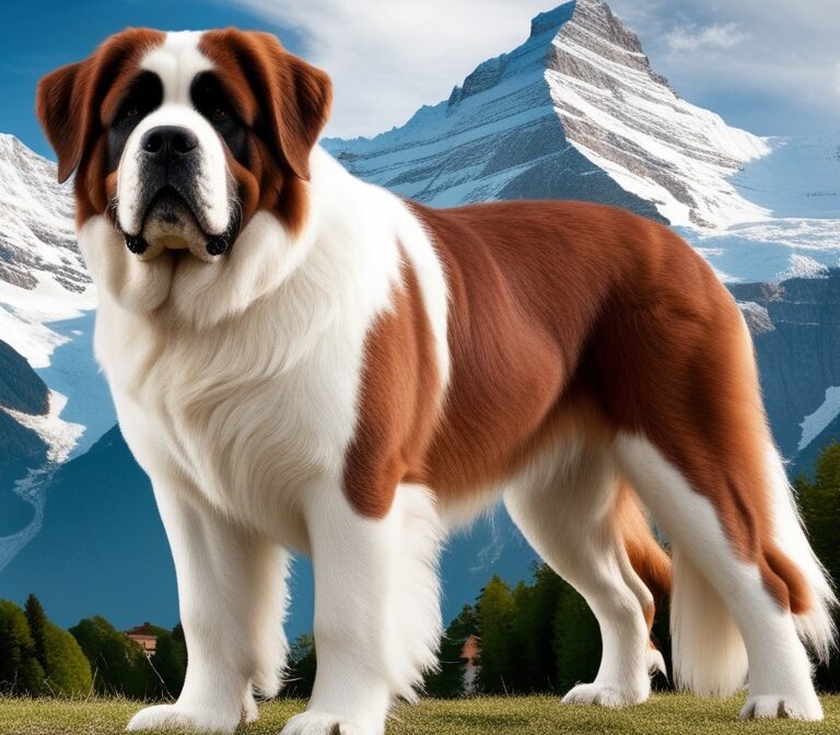 Saint Bernard standing in snowy Swiss Alps, showcasing giant rescue dog breed