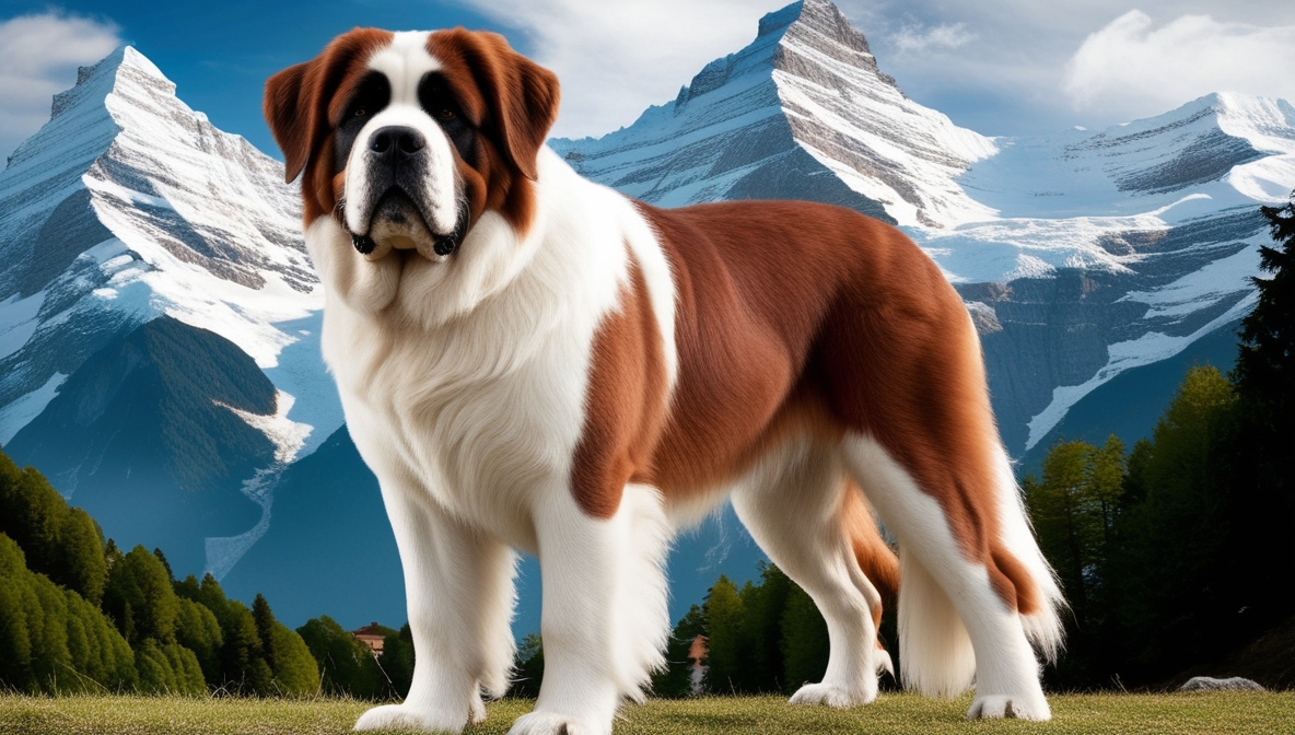 Saint Bernard standing in snowy Swiss Alps, showcasing giant rescue dog breed