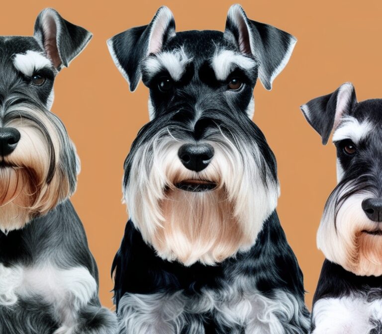 Three Schnauzer dog breeds – Miniature, Standard, and Giant – showing wiry coat, beard, and eyebrows