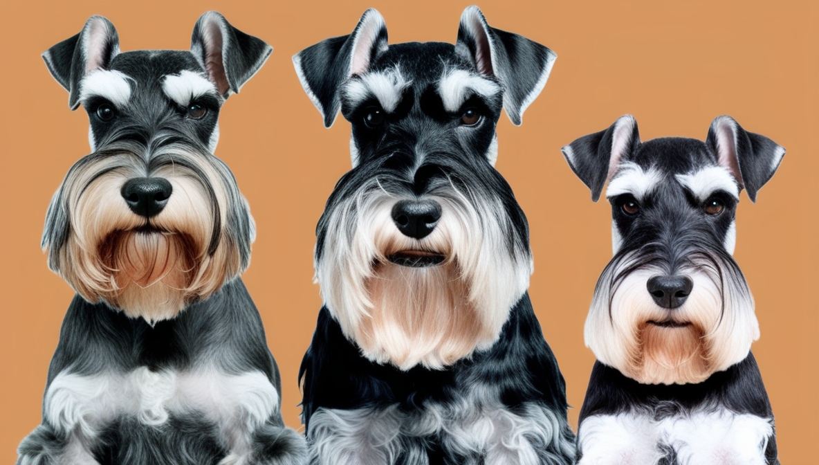 Three Schnauzer dog breeds – Miniature, Standard, and Giant – showing wiry coat, beard, and eyebrows