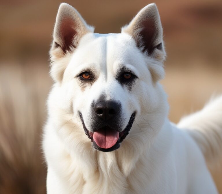 Slovak Cuvac standing proudly in a field with its thick white coat