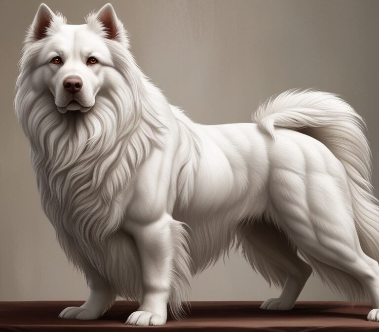 Slovak Cuvac standing proudly in a field with its thick white coat