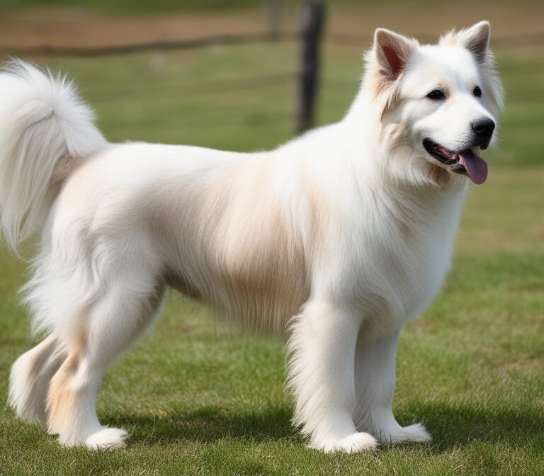 Slovak Cuvac standing in the field with thick white coat, a traditional livestock guardian dog from Slovakia