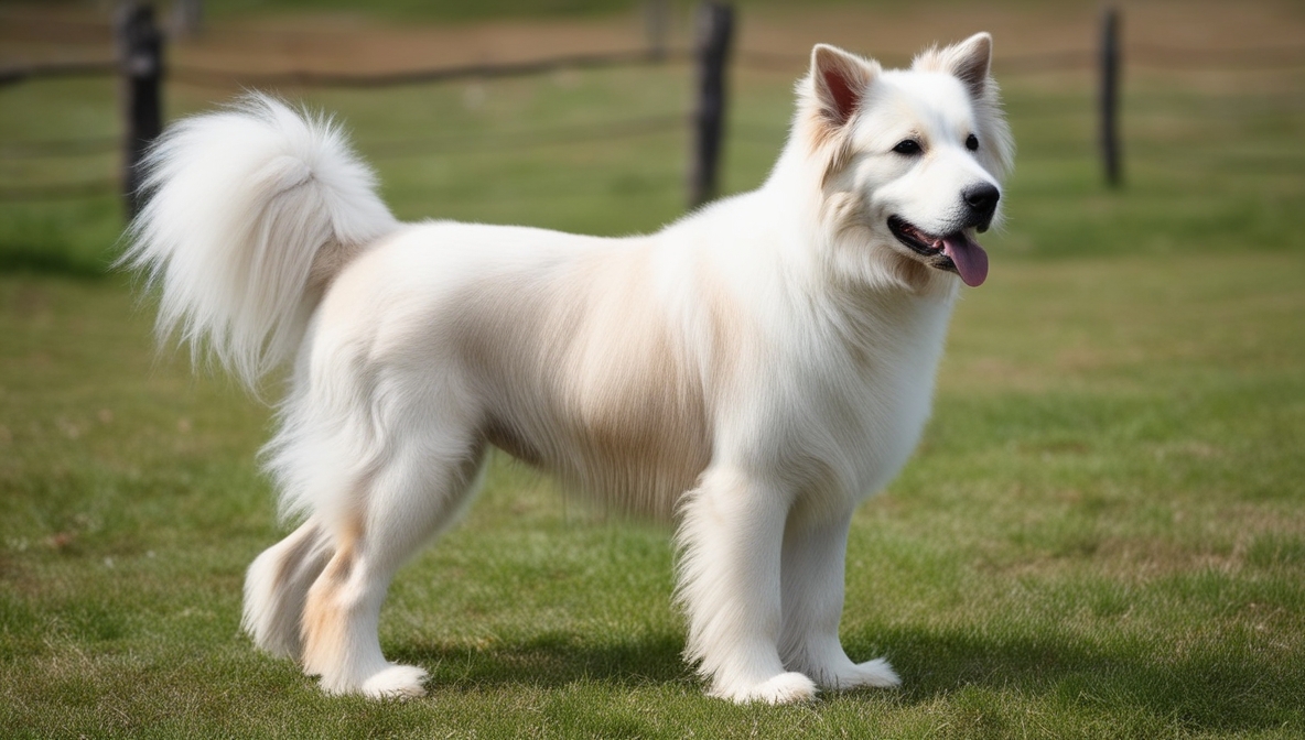 Slovak Cuvac standing in the field with thick white coat, a traditional livestock guardian dog from Slovakia