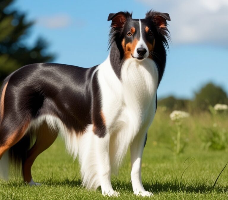 Smooth Collie standing outdoors with sleek short coat