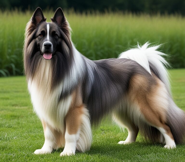 South Russian Shepherd Dog with long white coat standing alert in a grassy field