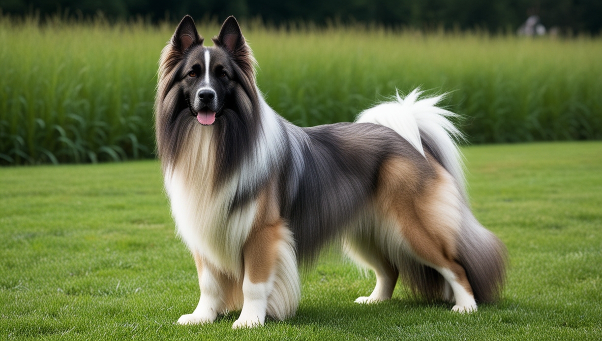 South Russian Shepherd Dog with long white coat standing alert in a grassy field