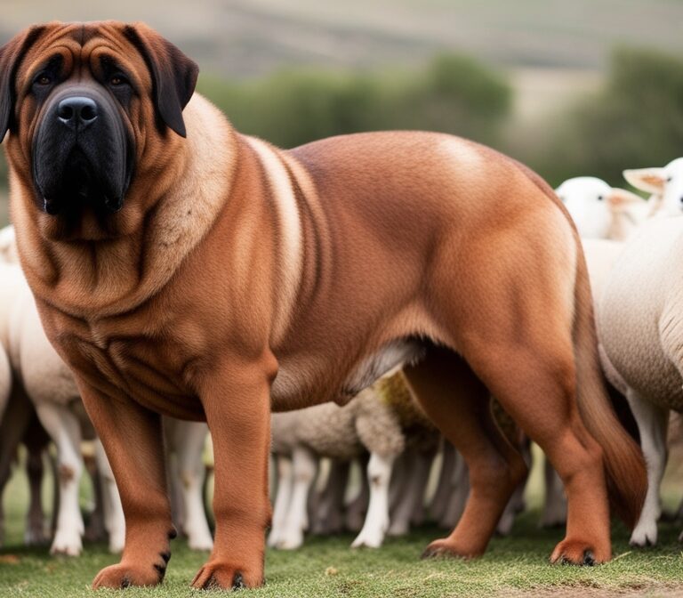 Spanish Mastiff dog standing in a field protecting sheep, large livestock guardian breed from Spain