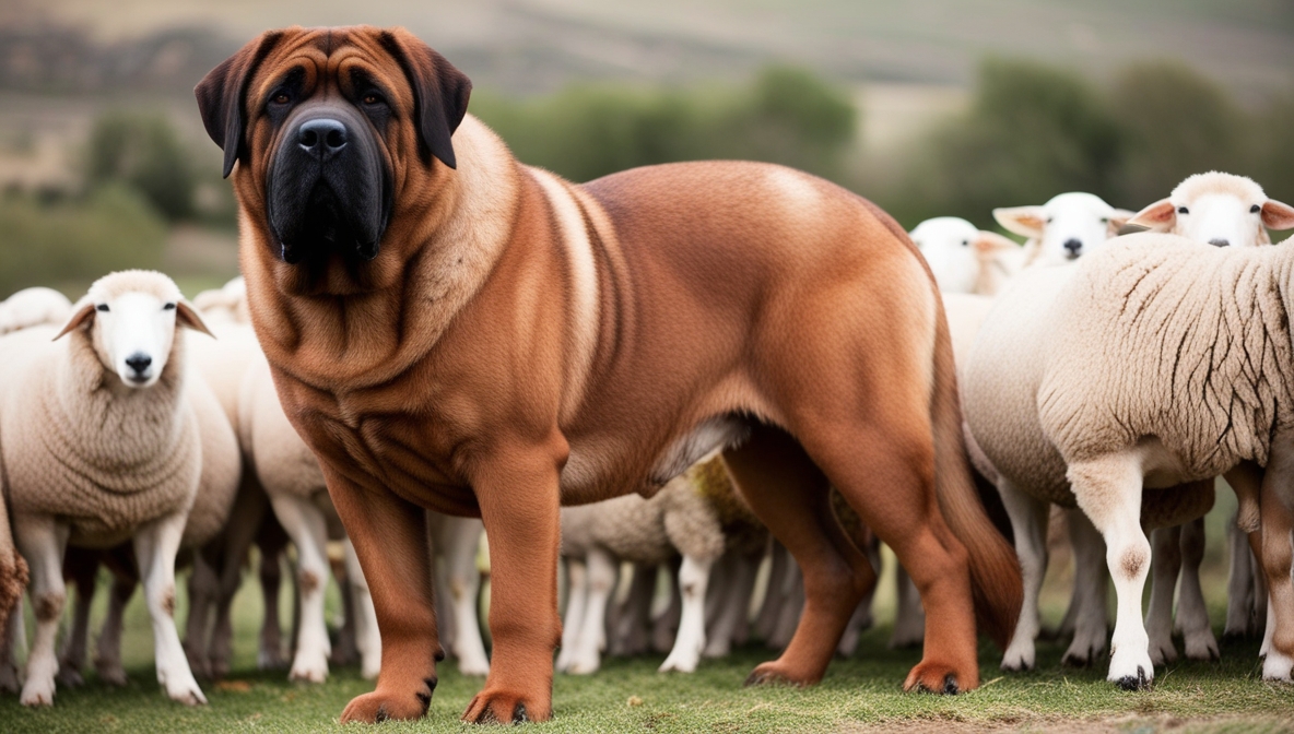 Spanish Mastiff dog standing in a field protecting sheep, large livestock guardian breed from Spain